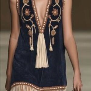 NWT Boho Western Navy Embroidered Dress with Tassels
